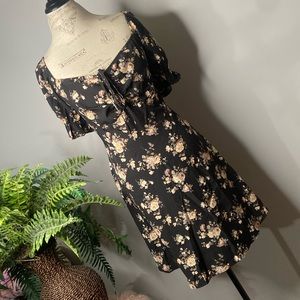 SHEIN Curve 3XL Black Floral Short Poof Sleeve Dress Tie Front